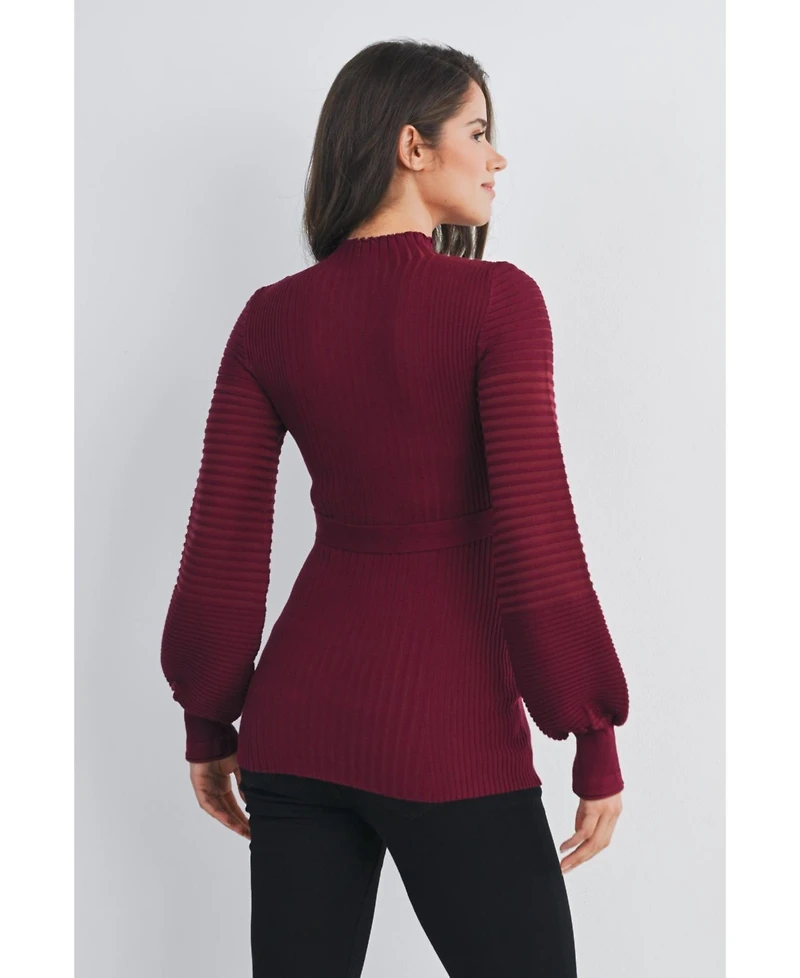 Hello Miz Maternity Mock Neck Long Sleeve Belted Sweater