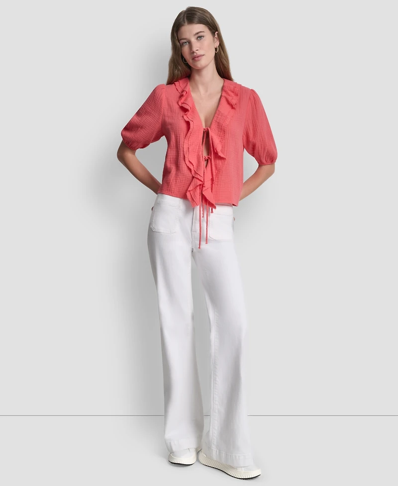 Dkny Jeans Women's V-Neck Short Puff Sleeve Tie-Front Shirt