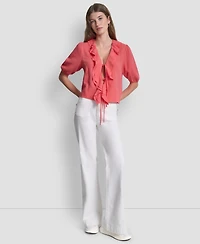 Dkny Jeans Women's V-Neck Short Puff Sleeve Tie-Front Shirt