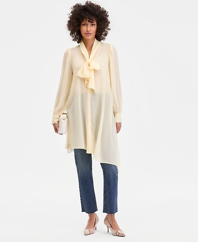 I.n.c. International Concepts Women's Long Sleeve Bow-Neck Chiffon Tunic, Macy's Exclusive