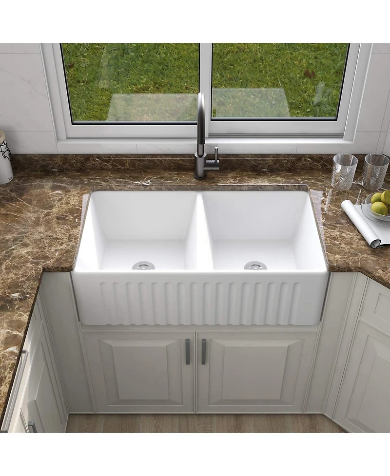 flynama 33x18x10inch Ceramic White Farmhouse Kitchen Sink Rectangular Double Basin Vessel Sink