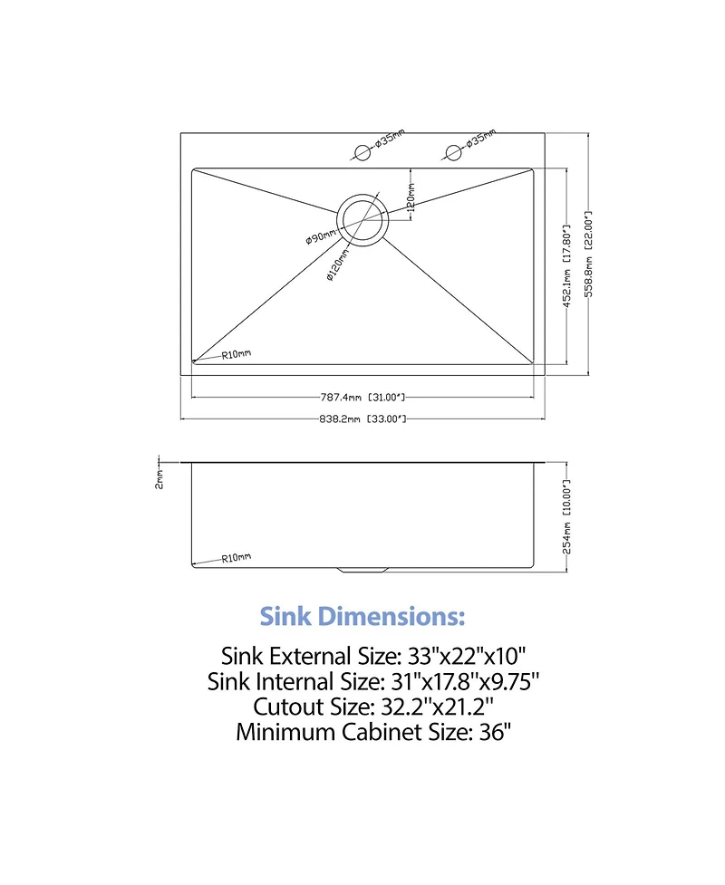 Flynama 33x22x10inch Drop in Kitchen Sink with Pull Out Faucet 16 Gauge Stainless Steel Single Bowl