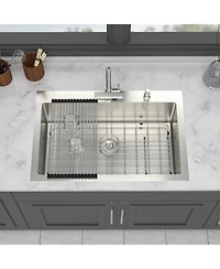 Flynama 33x22x10inch Drop in Kitchen Sink with Pull Out Faucet 16 Gauge Stainless Steel Single Bowl