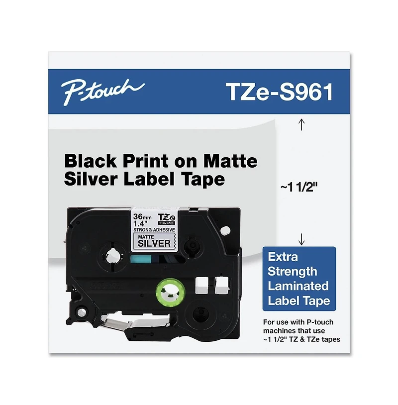 Brother P-Touch TzES961 1.4 in. x 26.2 ft. TZ Extra-Strength Adhesive Laminated Labeling Tape - Black on Matte Silver