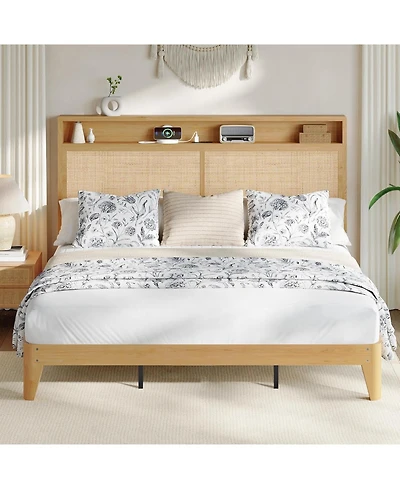 gaomon Rattan Bed Frame with Natural Rattan Headboard, Bohemian Platform Bed with Led