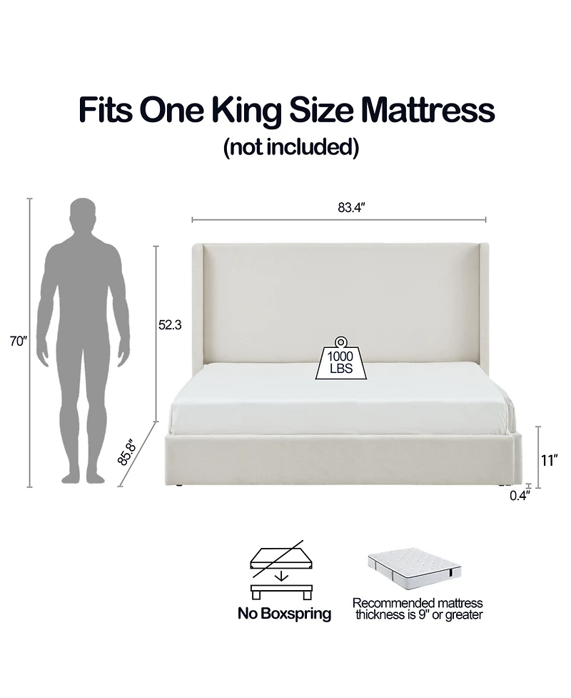 Boyel Living Carmen Upholstered Wingback Bed Frame with 52.3" Headboard, King, Ivory Boucle