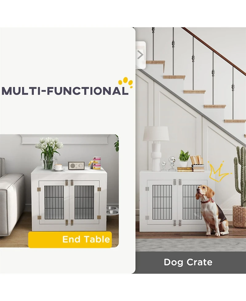 Aostirmotor Dog Crate Furniture with 360° Rotatable Removable Dog Bowls in White