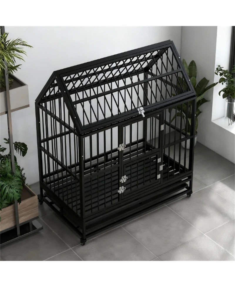 Aostirmotor Dog Crate with 4 Lockable Wheels, Double Doors, and Removable Tray in Black