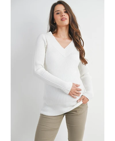 Hello Miz Maternity Ribbed Knit V Neck Long Sleeve Sweater