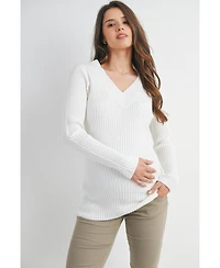 Hello Miz Maternity Ribbed Knit V Neck Long Sleeve Sweater