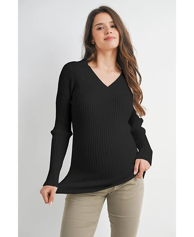 Hello Miz Maternity Ribbed Knit V Neck Long Sleeve Sweater