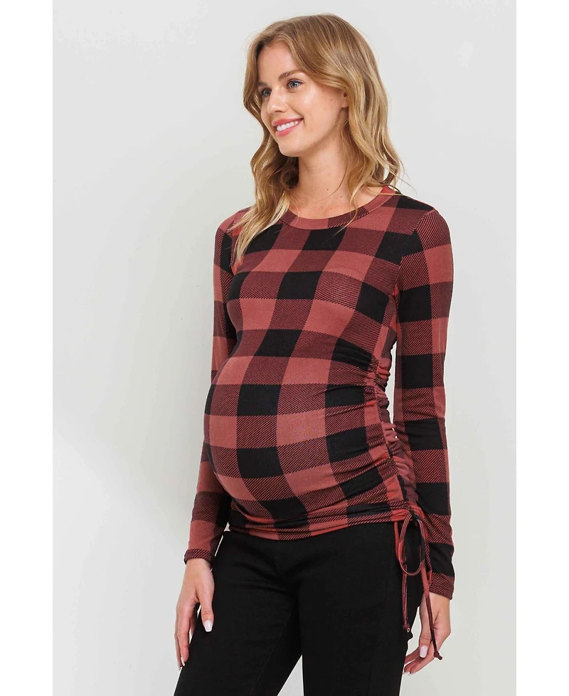 Hello Miz Maternity Plaid Side Ruched Long Sleeve Top