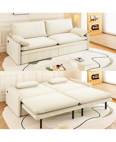 Maison Boucle 4-Seat Pull-Out Sleeper Sofa Bed, 81'' Chenille Upholstery & Usb Port