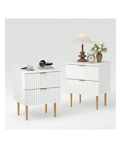 gaomon Modern Nightstand With 2 Drawers Golden And Wood Fluted Night Stand With Charging Station Bedside Table With Usb Ports