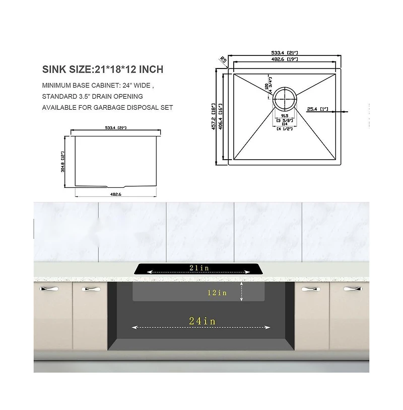 Flynama 21" x 18" x 12" Undermount Laundry Sink, Stainless Steel, Deep Single Bowl, 16-Gauge Utility Tub
