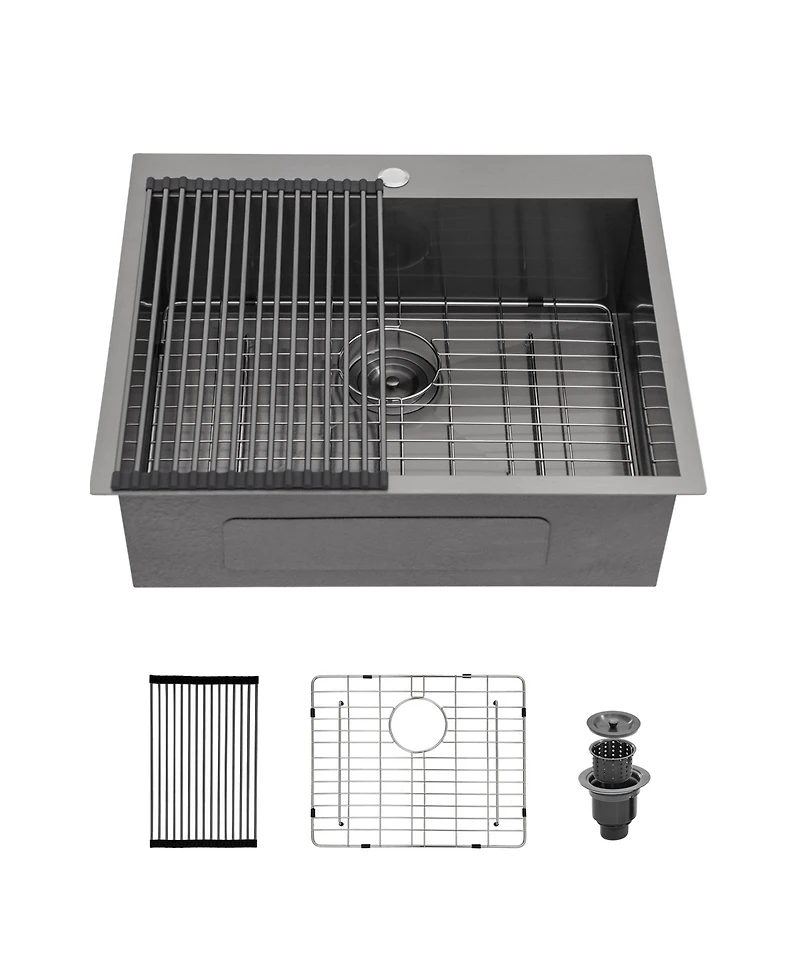 flynama 25x22x9inch Gunmetal Black Kitchen Sink Drop In Stainless Steel 16 Gauge Topmount