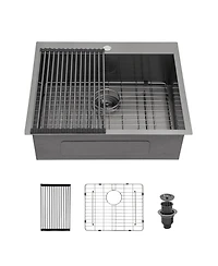 flynama 25x22x9inch Gunmetal Black Kitchen Sink Drop In Stainless Steel 16 Gauge Topmount