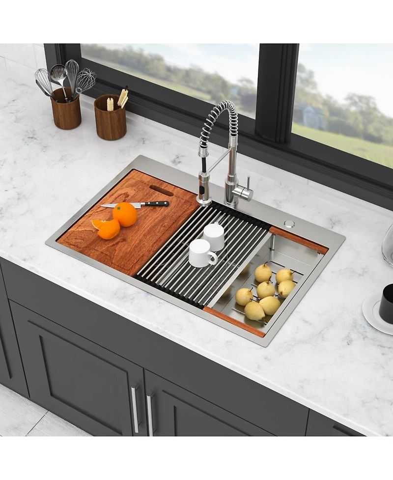 flynama 33x22x10inch Topmount Double Bowl Kitchen Sink 16 Gauge Stainless Steel Brushed Nickel