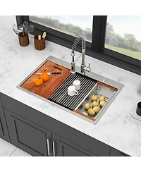 flynama 33x22x10inch Topmount Double Bowl Kitchen Sink 16 Gauge Stainless Steel Brushed Nickel