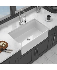flynama 33x20x10inch White Porcelain Ceramic Single Bowl Workstation Kitchen Sink with Full Accessories