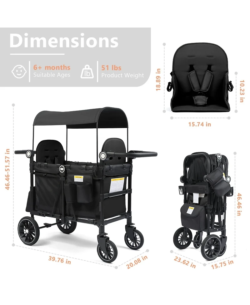 Kinder King All-Terrain Wagon Stroller for Two Kids with Canopy, Snack Tray and Shock-Absorbing Wheels