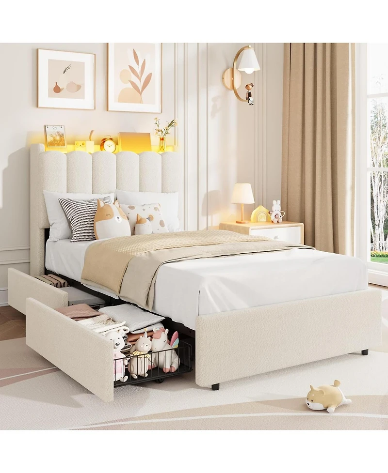 gaomon Led Twin Xl Bed Frame with Storage Headboard, Boucle Upholstered Kids 2 Drawers