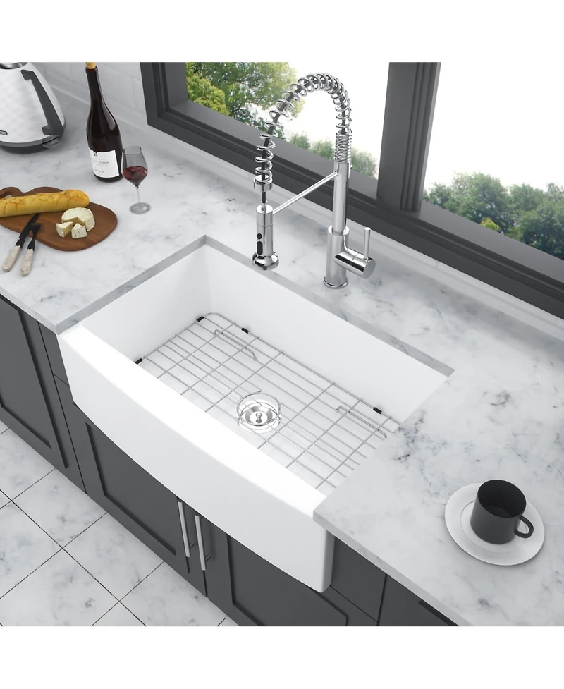 flynama 30x21x10 Inch White Farmhouse Kitchen Sink Ceramic Porcelain Arch Edge Apron Front Single Bowl With Drain Assembly Dish Grid