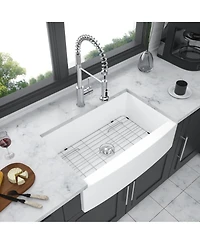 flynama 30x21x10 Inch White Farmhouse Kitchen Sink Ceramic Porcelain Arch Edge Apron Front Single Bowl With Drain Assembly Dish Grid