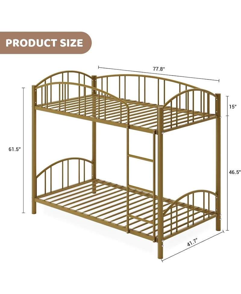 gaomon Metal Bunk Bed Twin Over Twin, Frame with Heightened Arched Guardrail and Safety Ladder,Sturdy Steel