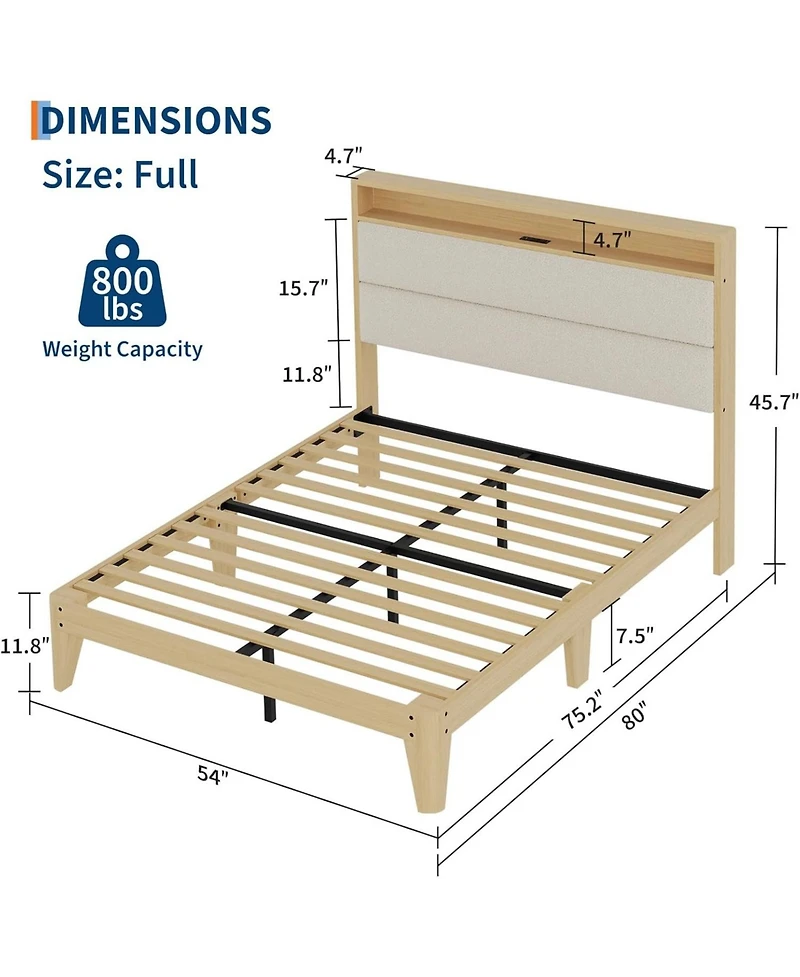 gaomon Boucle Upholstered Bed Frame with Led & Charging Station, Solid Wood Slats, No Box Spring Needed