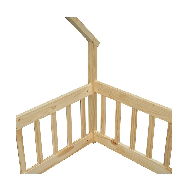 Cesicia Full Wood House Floor Bed with Safety Fence & Roof Frame Play for Kids and Teens