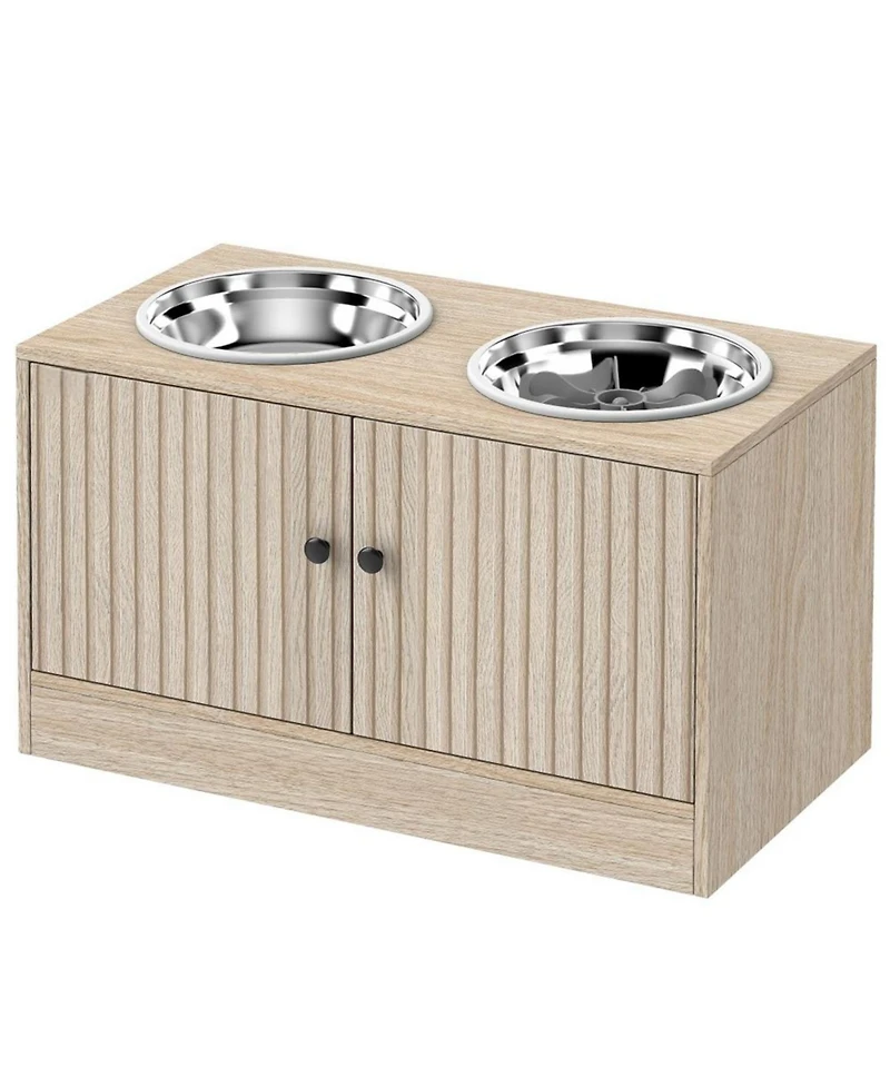 Aostirmotor 23.6 in. Wide Dog Bowls with Storage Cabinet in Oak