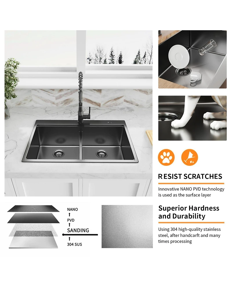 flynama 33inch Gunmetal Black Topmount Workstation Kitchen Sink 16 Gauge Stainless Steel Double Bowl