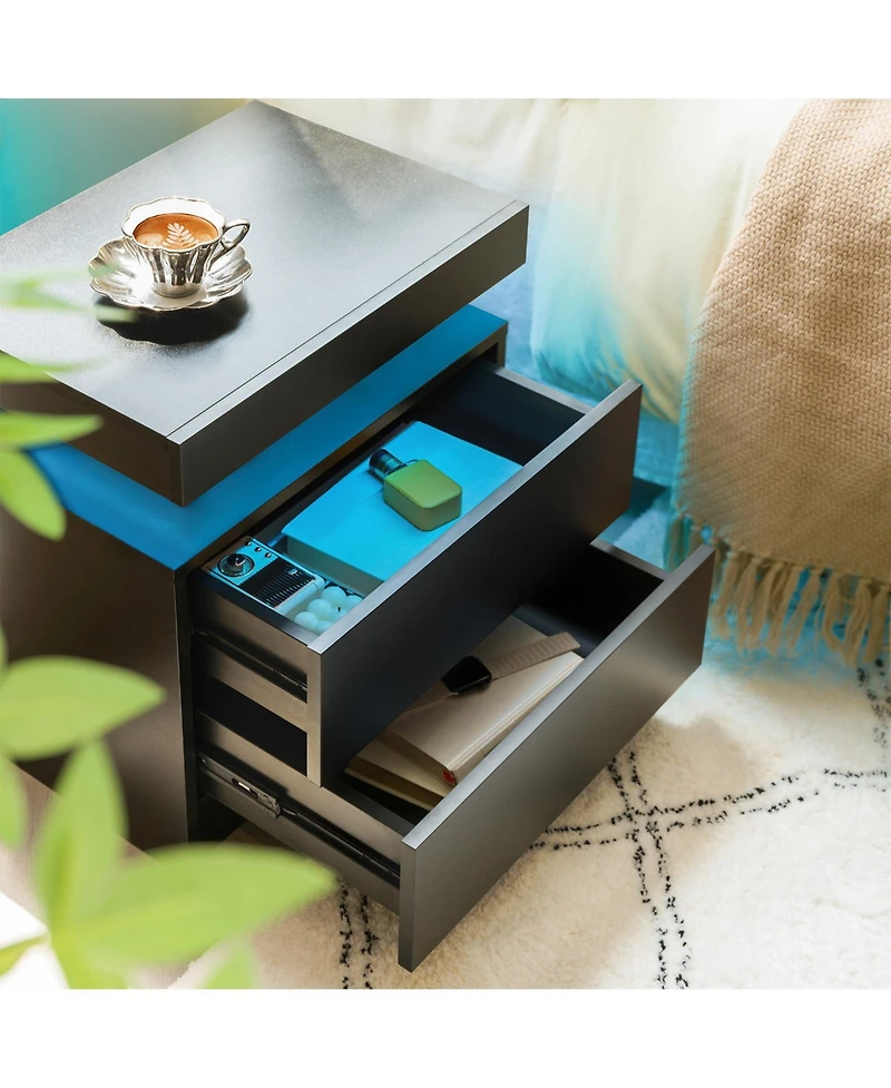 Cesicia Nightstand Bedside Table Cabinet Modern End Side with Led Lights and 2 Drawers for Bedroom