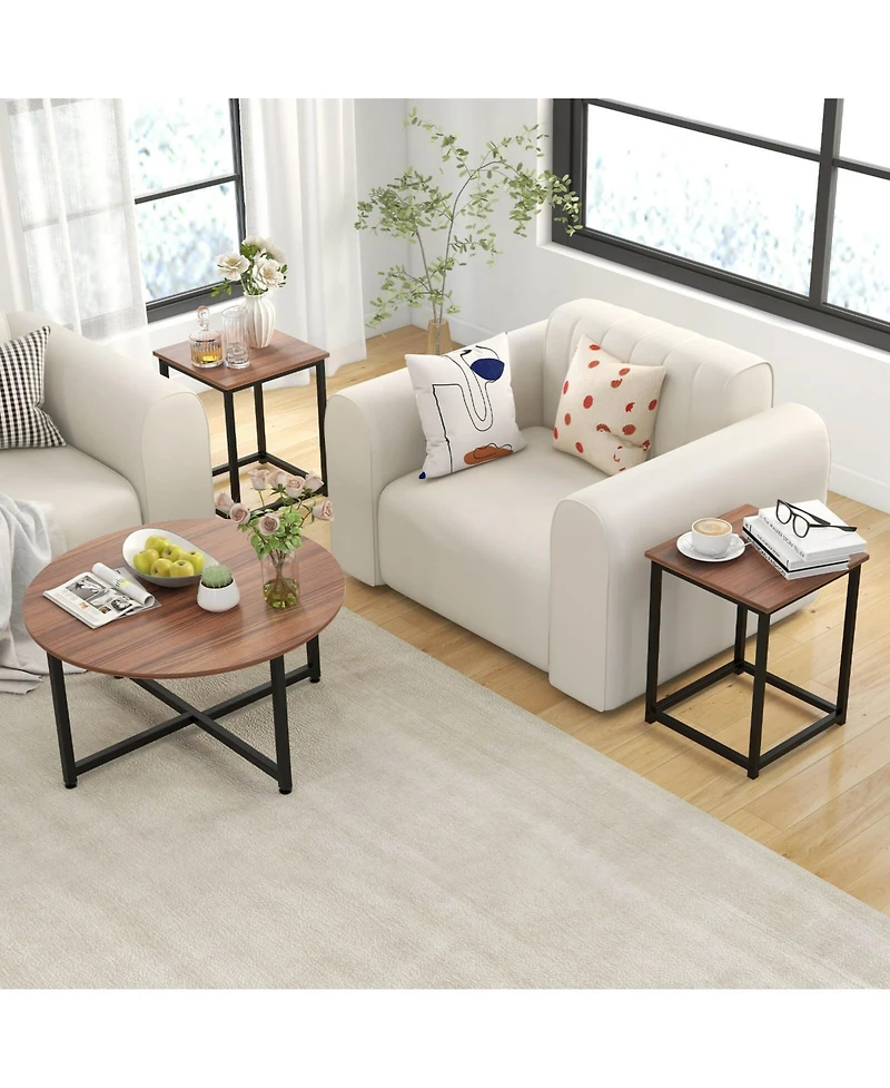 Costway 3 Pcs Coffee Table Set Round and 2 Square End Tables Metal Frame