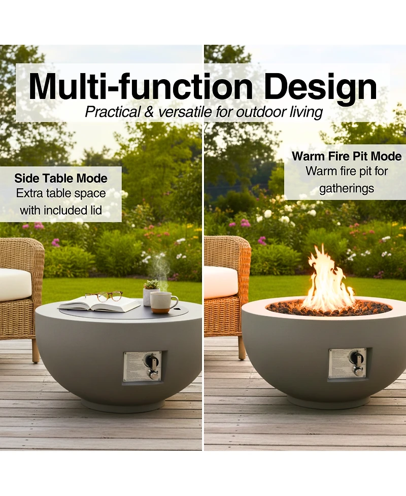 Mondawe 28" Round Propane Fire Pit Table, 40,000 Btu Concrete Fire Bowl with Cover & Lava Rocks