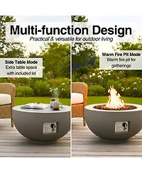 Mondawe 28" Round Propane Fire Pit Table, 40,000 Btu Concrete Fire Bowl with Cover & Lava Rocks