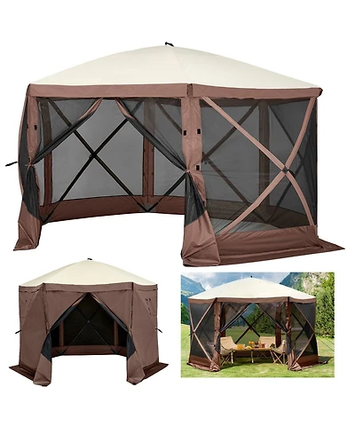 Mecale 12 x 12 ft 6-Sided Pop-Up Gazebo Screen Tent, Mesh Windows, Carry Bag, Ground Stakes, Large Shade Canopy for Outdoor Use