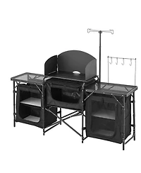 Mecale Camping Kitchen Table, Aluminum Portable Cook Station with 3 Storage Cupboards, Detachable Windscreen, Carrying Bag, Black