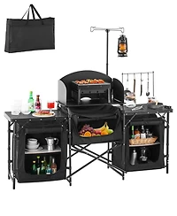 Mecale Camping Kitchen Table, Aluminum Portable Cook Station with 3 Storage Cupboards, Detachable Windscreen, Carrying Bag, Black
