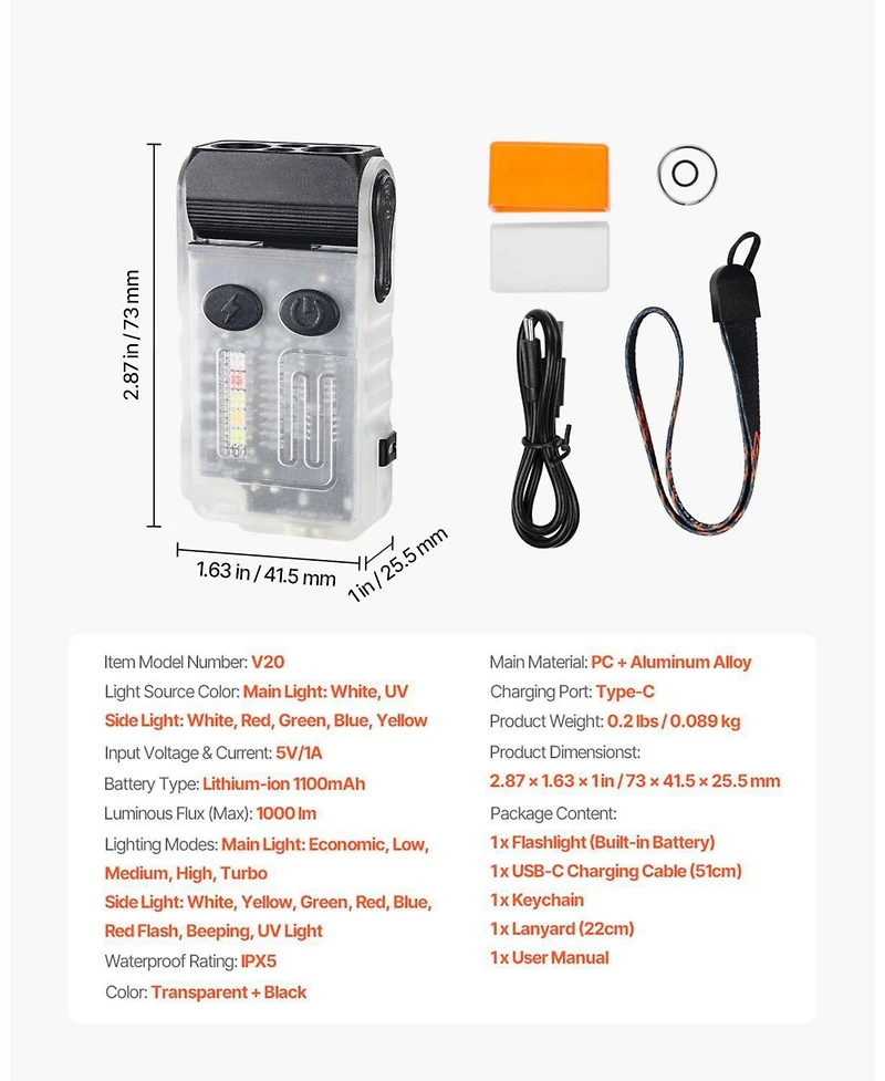 Mecale Rechargeable Mini Keychain Led Flashlight, 13 Lighting Modes, Clip, Magnetic Tail, 180° Rotating Head