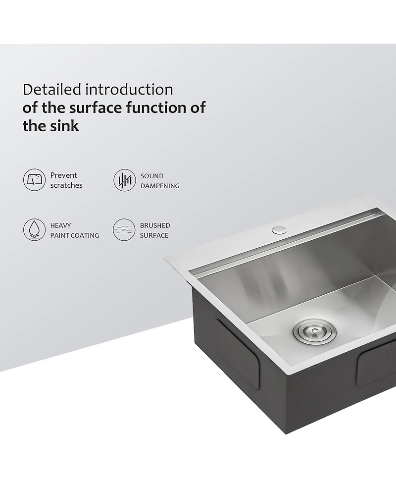 Flynama 25"x22"x9" Stainless Steel Kitchen Sink Workstation, Single Bowl, 16 Gauge.