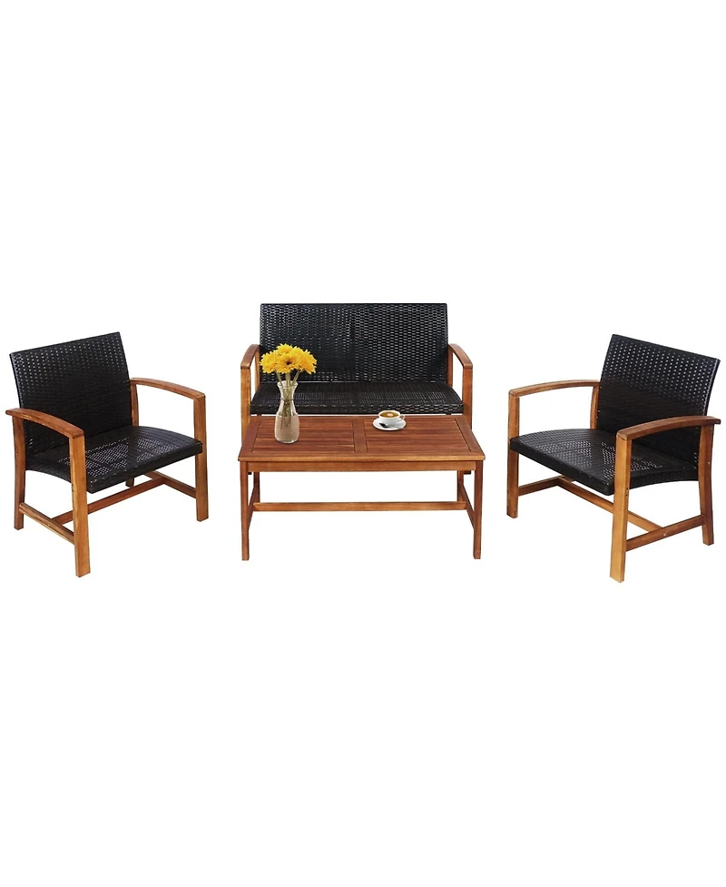 Slickblue 4PCS Patio Rattan Seating Set with Acacia Wood Base