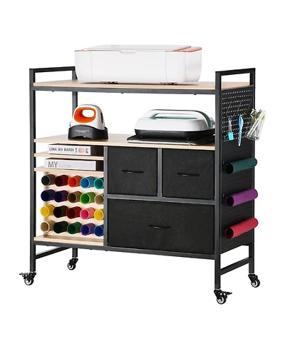 Mecale Rolling Craft Cart & Storage Table for Cricut Machines, 20 Vinyl Roll Holders, 3 Drawers, Craft Organizer Workstation, Black