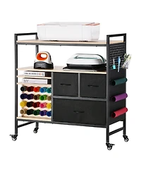 Mecale Rolling Craft Cart & Storage Table for Cricut Machines, 20 Vinyl Roll Holders, 3 Drawers, Craft Organizer Workstation, Black
