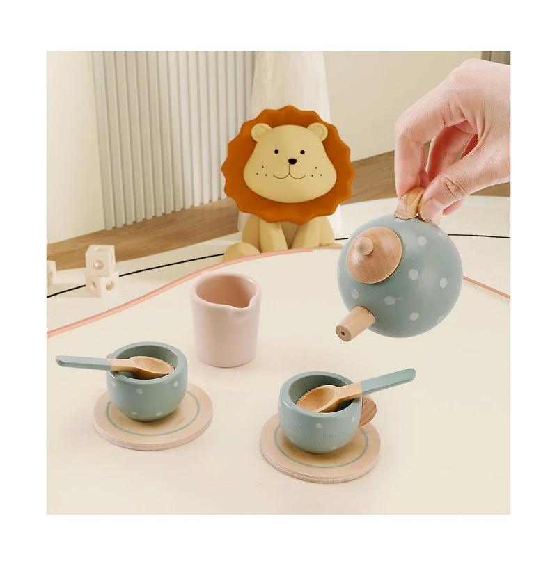 Bruce & Shark 15-Piece Wooden Tea Set for Kids, Pretend Play Toy with Teapot, Cups & Treats