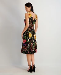 kensie Women's Printed V-Neck Midi Dress