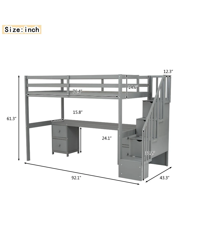 Boyel Living Twin Loft Bed Frame with Built-in Desk and Double Storage Drawers