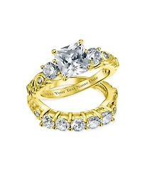 Bling Jewelry Art Deco 3CT Cz Princess Cut 3 Stone Past Present Future Ring Set Gold Plated