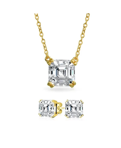 Bling Jewelry 4CT Solitaire Cz Asscher Cut Stud Earrings Pendant Gold Plated Silver Set